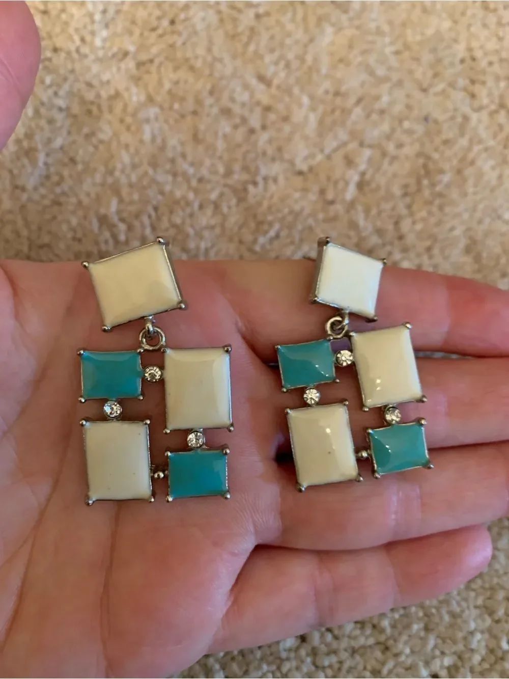 Vintage Retro White and Turquoise Square Earrings